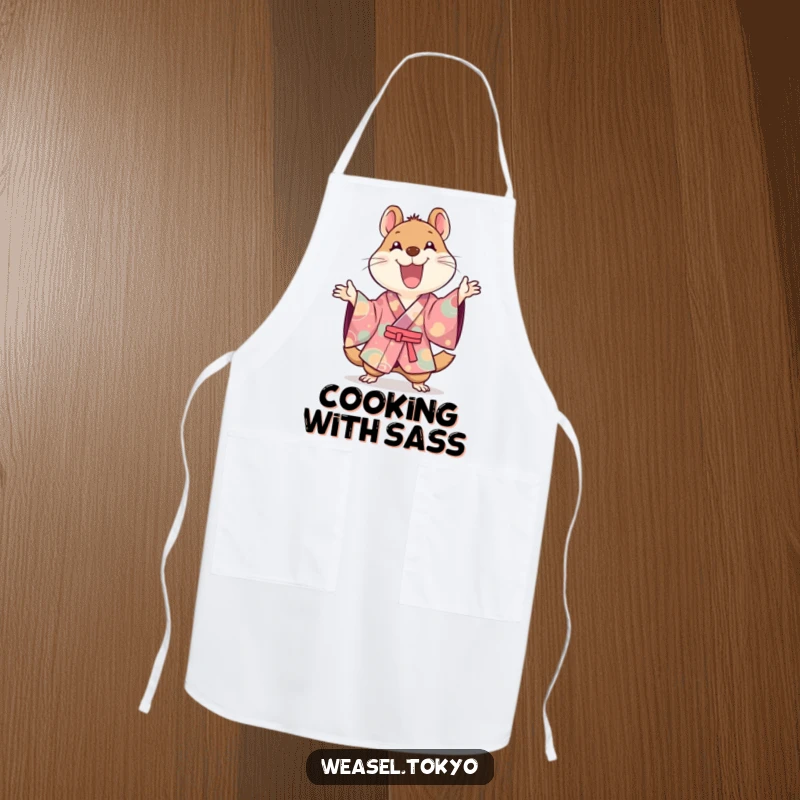 Funny Kawaii weasel wearing a kimono apron, joyfully gesturing while cooking, ideal funny kitchen gift.