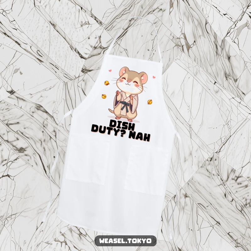 Funny Weasel Apron: A weasel in a kimono playfully juggles tiny bells, making this apron a humorous and practical kitchen accessory.
