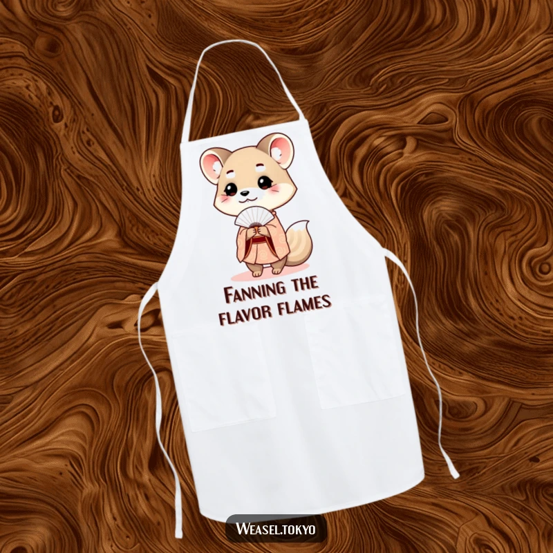 Funny weasel kimono apron depicting a cute weasel in traditional Japanese wear politely presenting a fan while cooking.