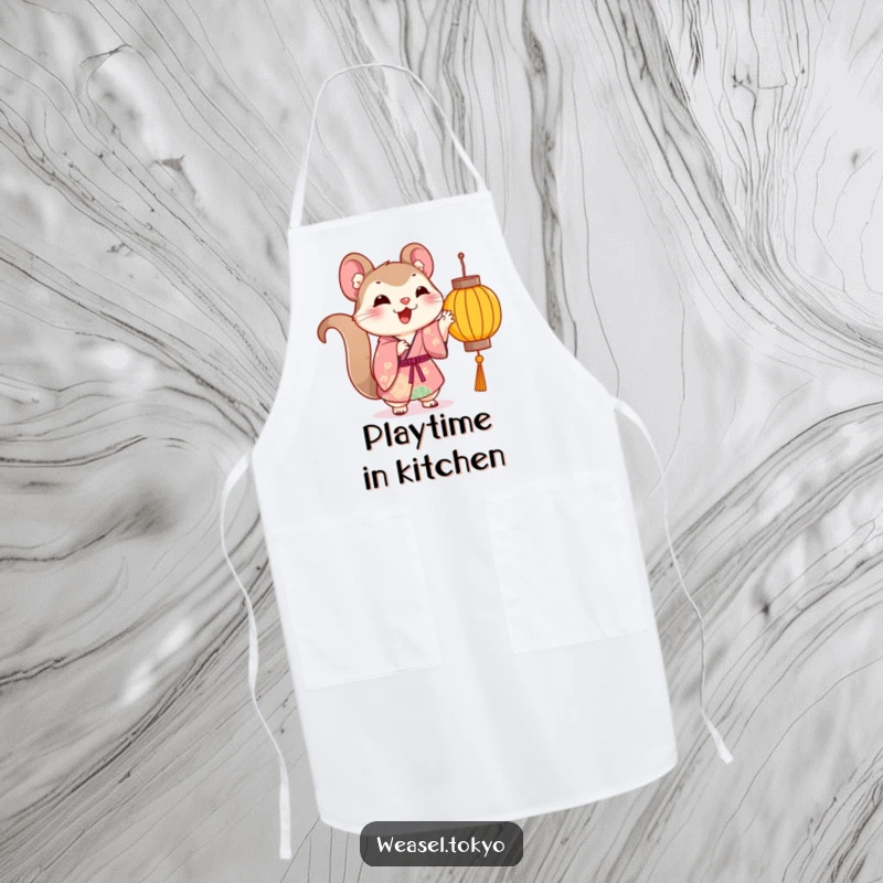 Funny Kawaii weasel wearing a kimono apron playfully paws at a lantern, ideal funny kitchen gift.