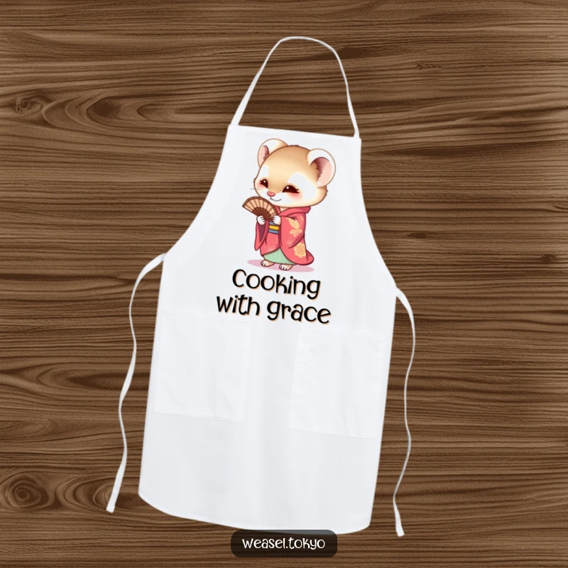 Funny Weasel Apron showing a curious weasel in a colorful kimono holding a fan, ready for kitchen adventures with a humorous flair.