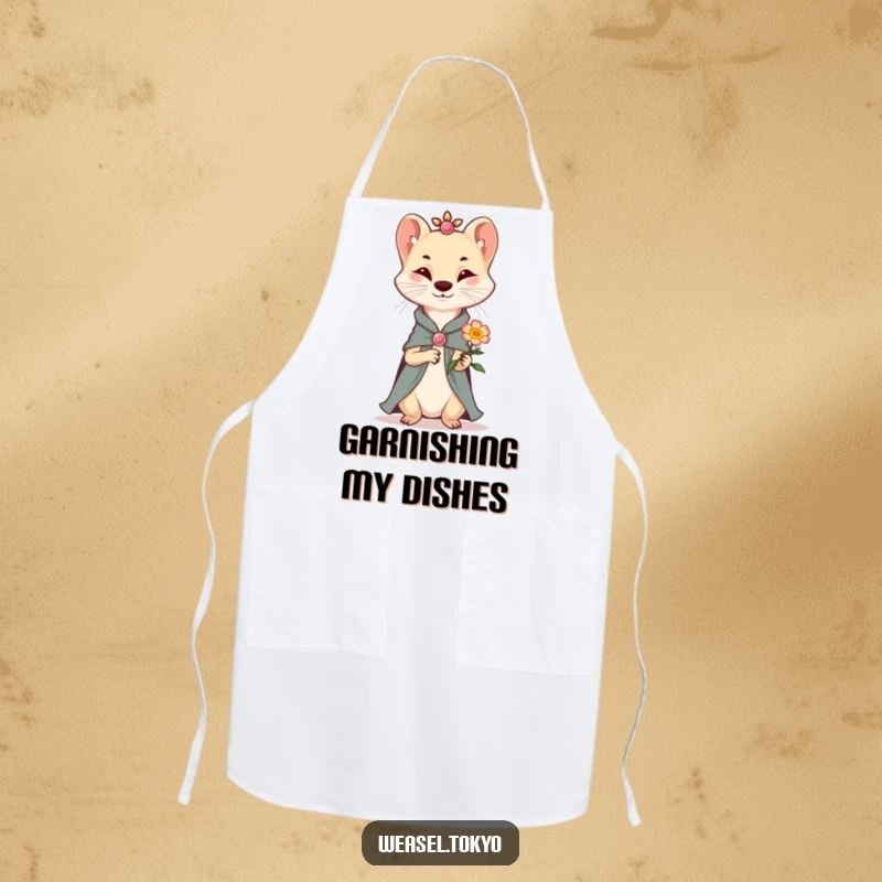 Funny Apron: A sophisticated weasel in neat attire presents a small, smiling flower, bringing a touch of refined humor to the kitchen.