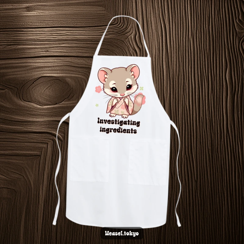 Funny Kawaii weasel wearing a kimono apron is closely examining ingredients, ideal funny kitchen gift.