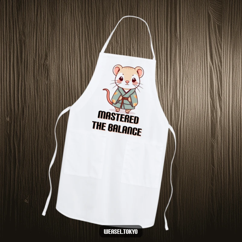 Funny Kawaii weasel wearing a kimono apron balances a small charm while cooking, ideal funny kitchen gift.