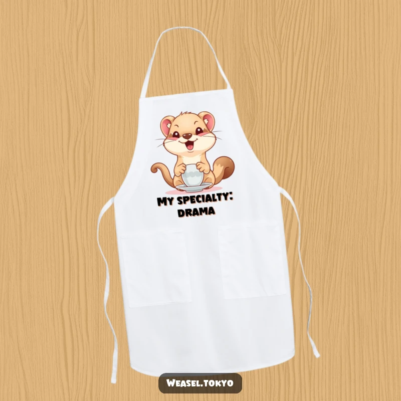 Funny Weasel Apron: A delighted weasel comically attempts to serve tea, adding a humorous and practical touch to kitchen wear.