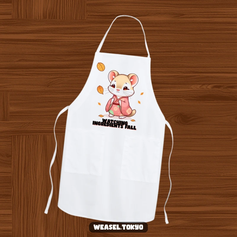 Funny weasel kimono apron showing a cute weasel in traditional wear looking curiously at a falling leaf while cooking.