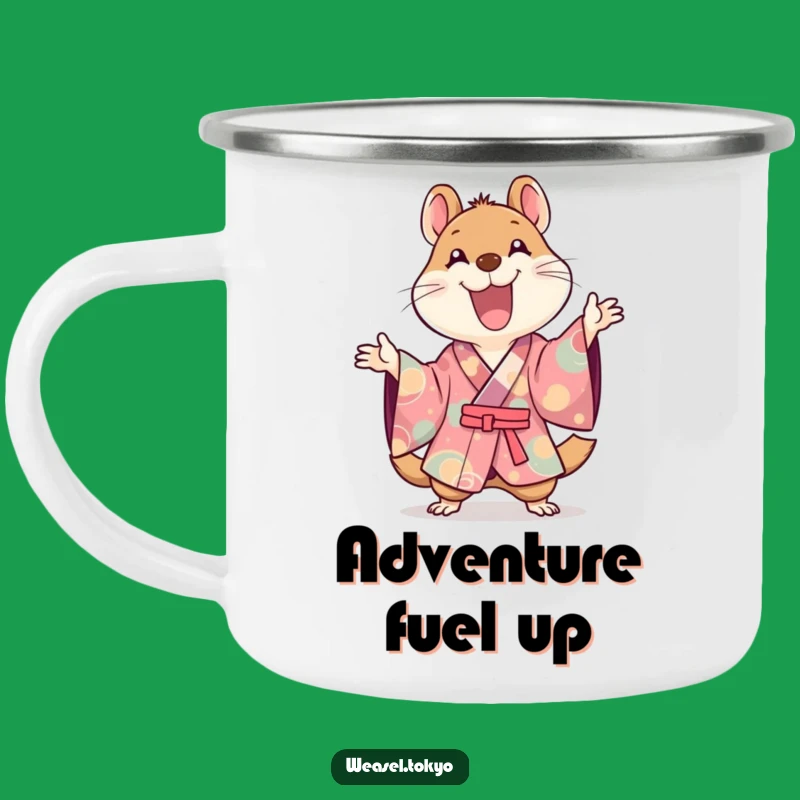 Funny Kawaii Weasel Kimono Camping Mug: Joyful Gestures for Outdoors