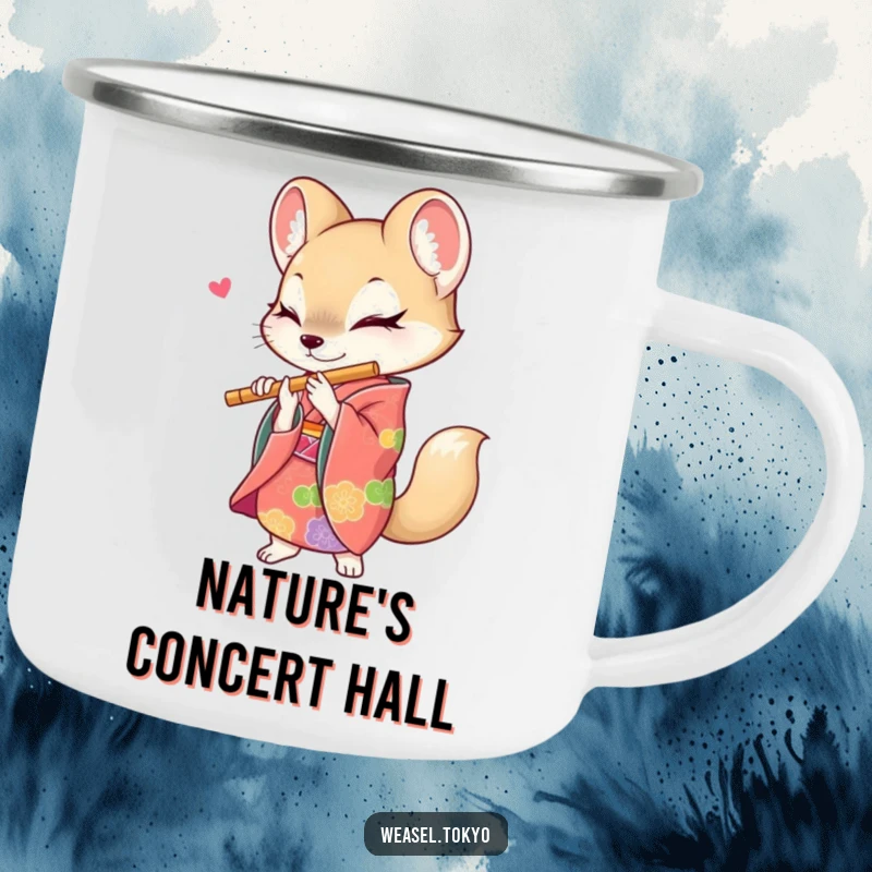Funny weasel camping mug with a creature in a kimono energetically playing a flute, perfect for enjoying drinks in the wild.