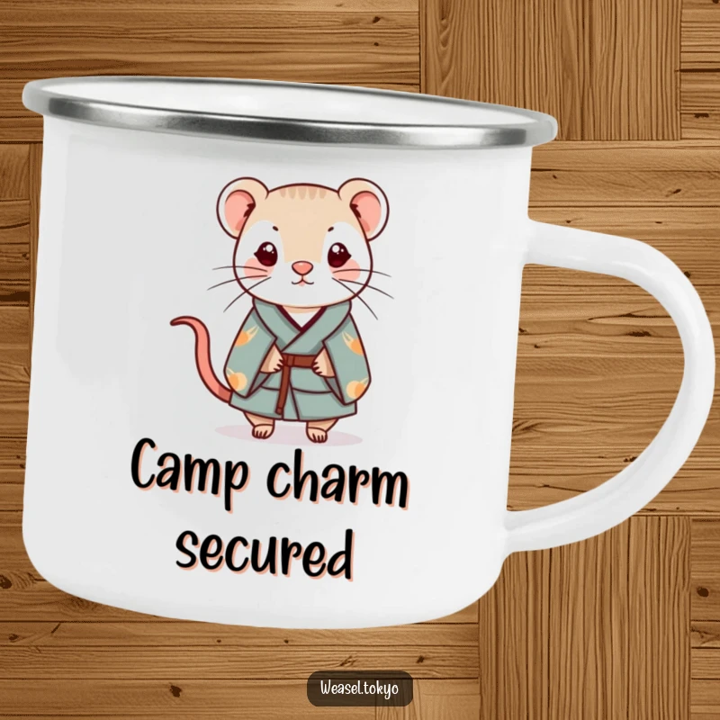 Funny Kawaii weasel with a kimono on a camping mug balances a small charm, perfect outdoor gift.