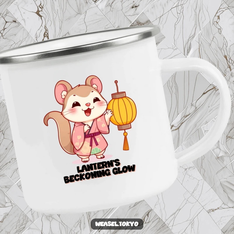 Funny Kawaii weasel with a kimono on a camping mug playfully reaches for a lantern, perfect outdoor gift.
