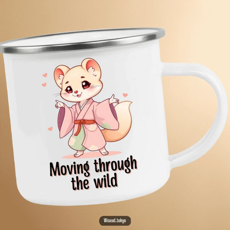 Funny weasel kimono camping mug featuring a cute weasel in a flowing kimono striking an energetic pose during adventures.