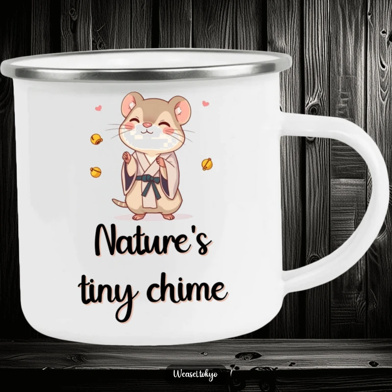Funny Weasel Camping Mug: A weasel in a kimono playfully juggles tiny bells, making this durable mug a humorous and charming camp essential.
