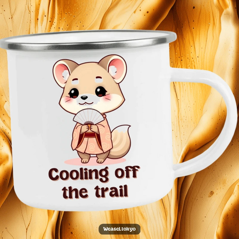 Funny weasel kimono camping mug showing a cute weasel in traditional attire politely offering a fan during outdoor trips.