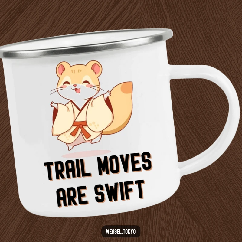 Funny Camping Mug: A happy weasel in a flowing kimono dances energetically, ready for adventure, making it a cheerful companion.
