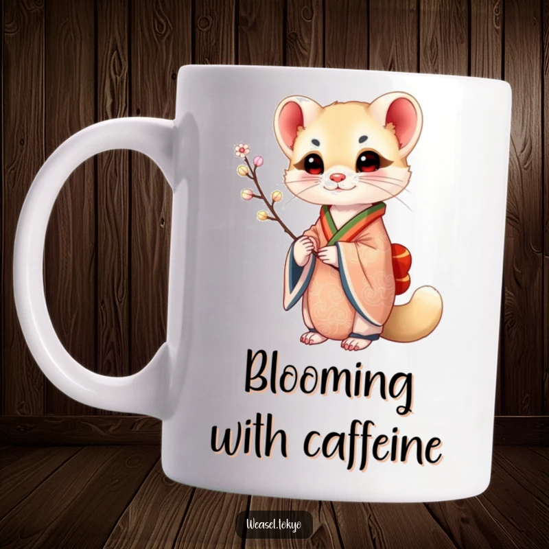 Funny Weasel Mug: A weasel in an ornate kimono holds a delicate branch, exuding sophistication and humor on this artistic mug.
