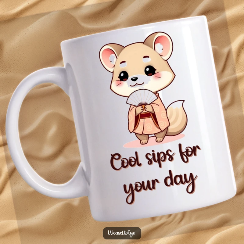 Funny weasel mug featuring a cute weasel in a patterned kimono politely offering a small fan with a gentle smile.