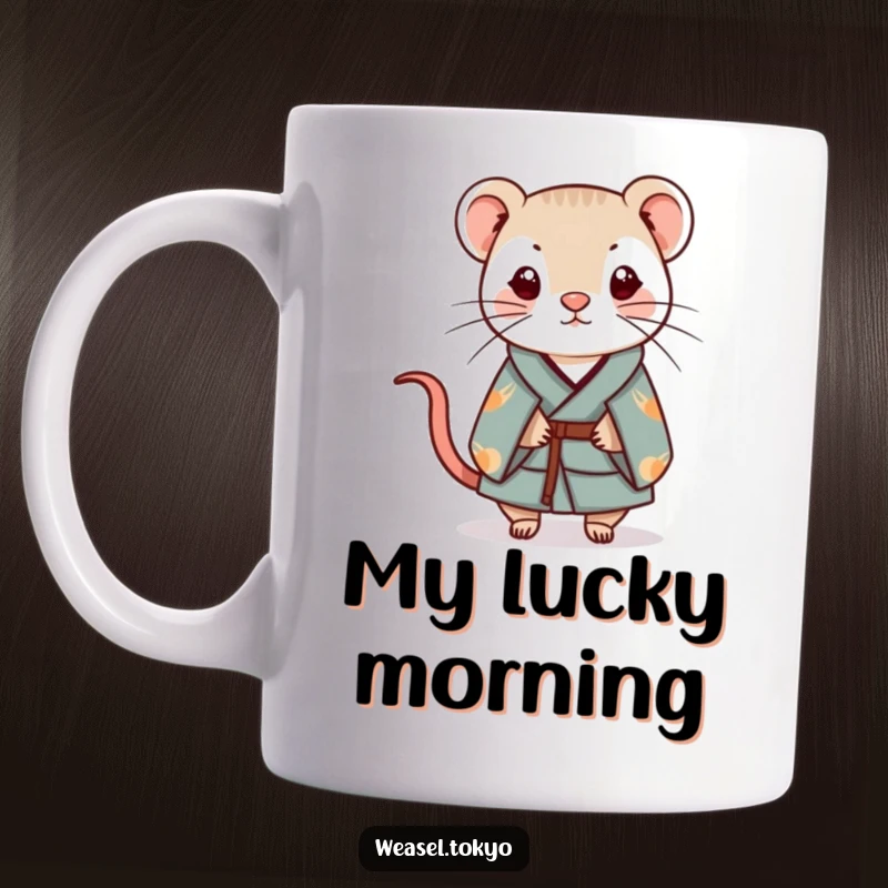 Funny Kawaii weasel in a simple kimono carefully balances a small, shiny charm, delightful mug gift.