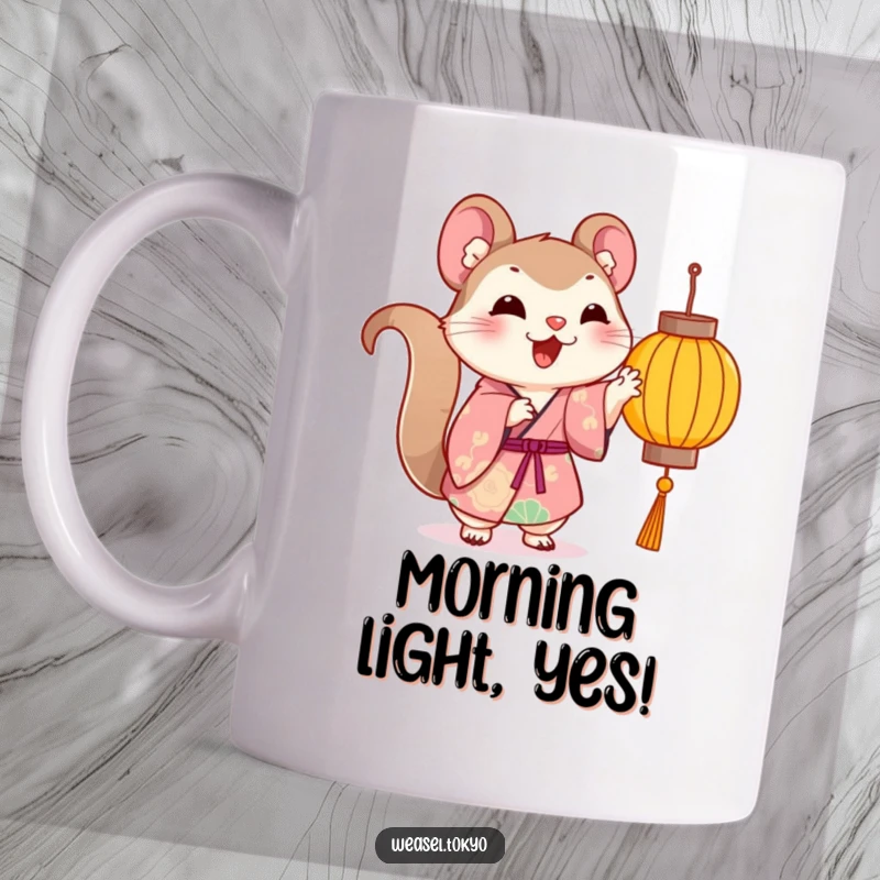 Funny Kawaii weasel in a vibrant kimono playfully batting at a dangling lantern, cheerful mug gift.