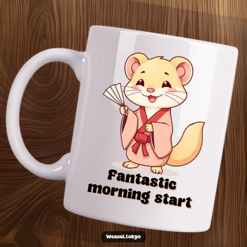 Funny mug with a smiling Kawaii weasel character wearing a patterned kimono, gracefully practicing fan movements.