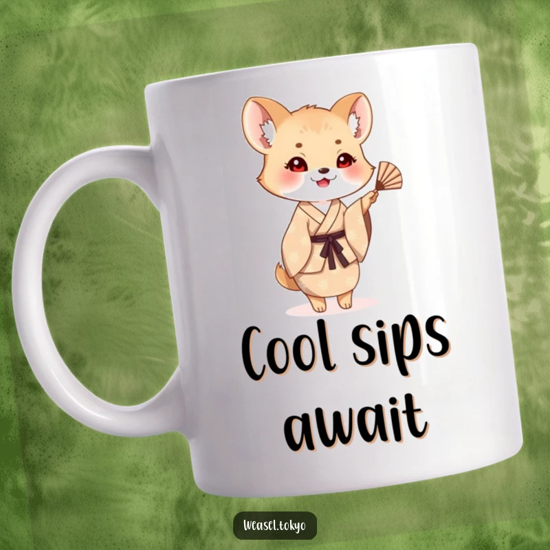 Funny weasel mug showing a creature in a patterned kimono happily waving a small fan, offering a cheerful greeting.