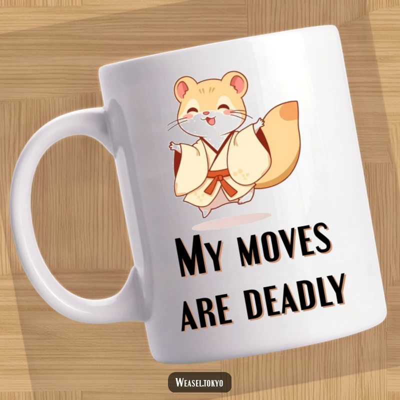 Funny Mug: A happy weasel in a colorful, flowing kimono dances with a swift, joyful flourish, spreading cheer with every sip.