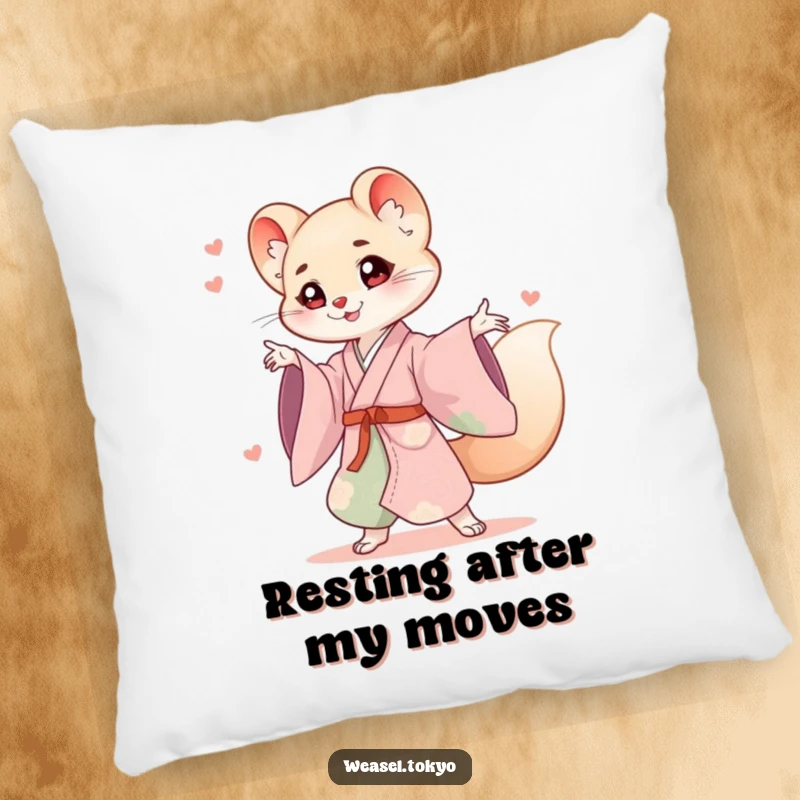 Funny weasel kimono pillow featuring a cute weasel in a flowing kimono in a playful, energetic pose, offering comfort.