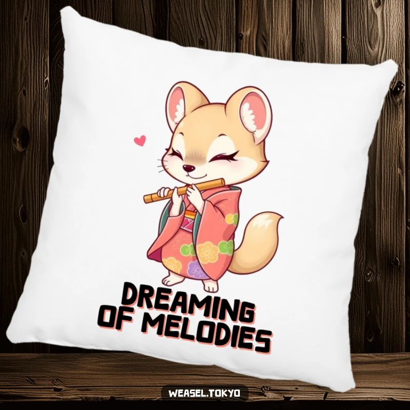 Funny weasel pillow featuring a creature in a colorful kimono energetically playing a flute, offering soft comfort and artistic charm.