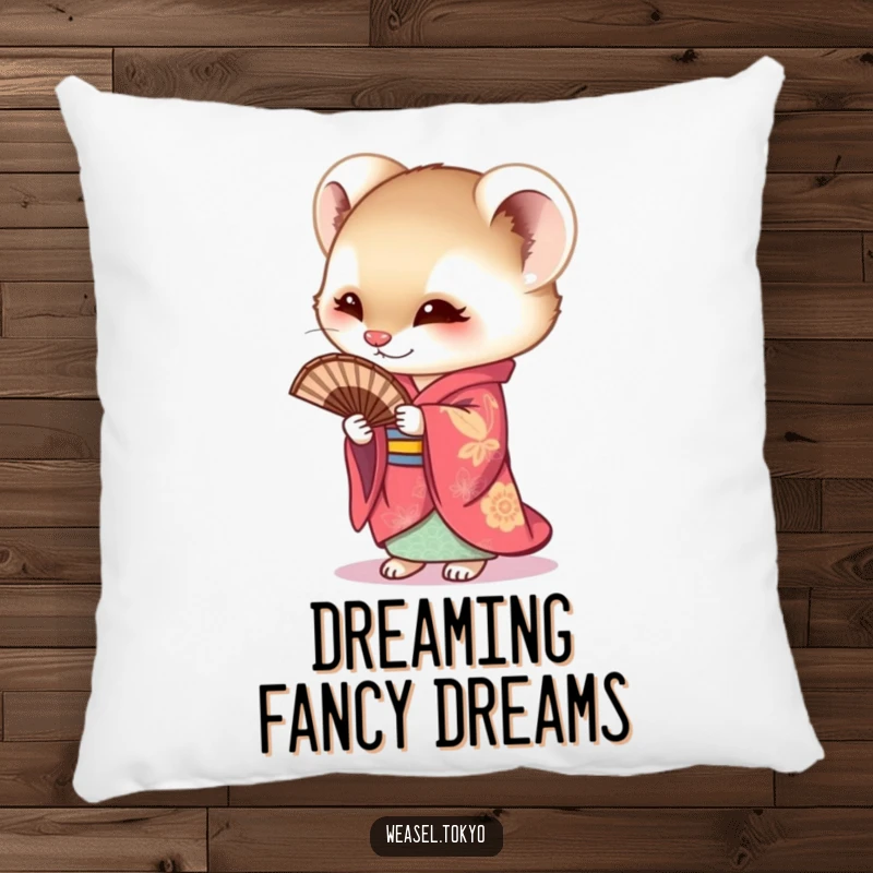 Funny Weasel Pillow featuring a curious weasel in a vibrant kimono holding a fan, offering plush comfort and a touch of artistic humor.