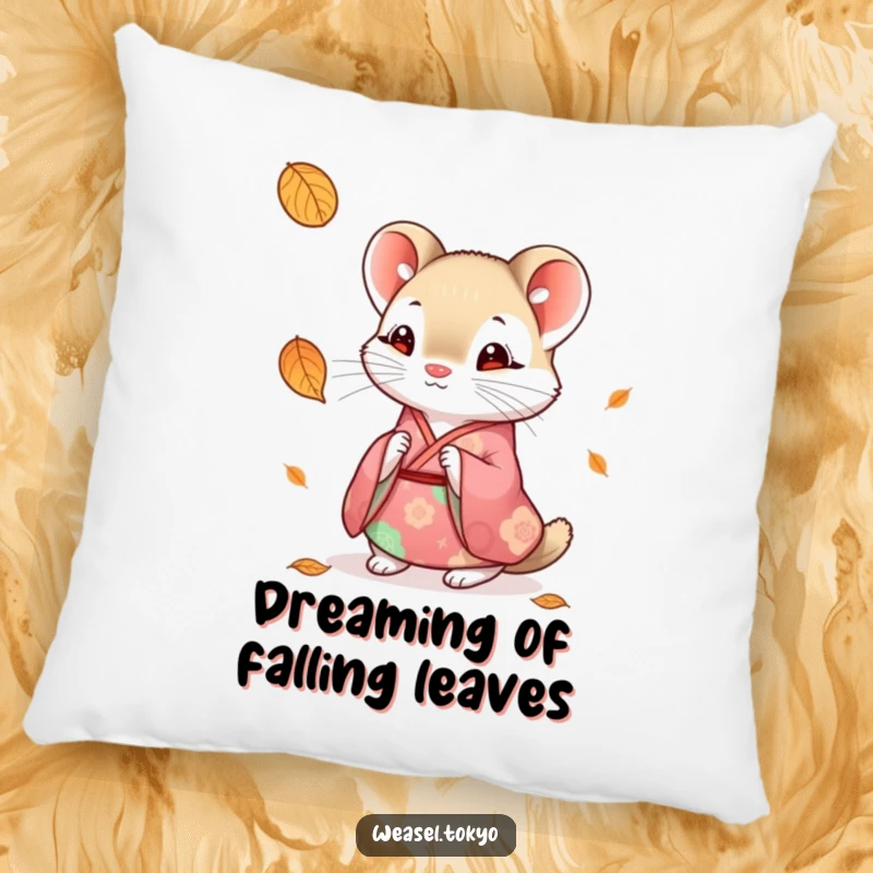 Funny weasel kimono pillow featuring a cute weasel in a colorful kimono looking curiously at a falling leaf, offering comfort.