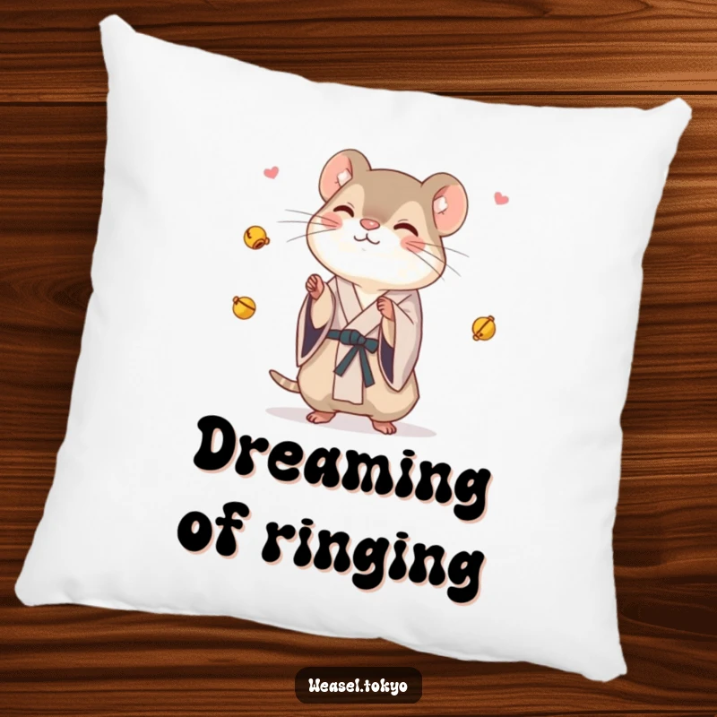 Funny Weasel Pillow: A weasel in a kimono playfully juggles tiny bells on this soft and humorous pillow, adding cheer to any room.