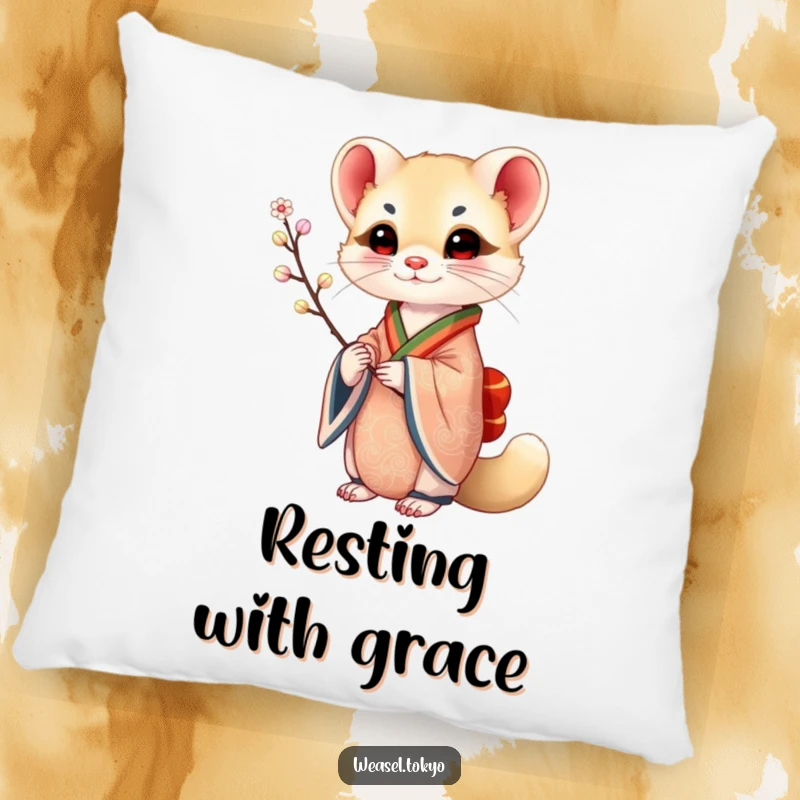 Funny Weasel Pillow: A weasel in an ornate kimono holds a delicate branch on this artistic and comfortable pillow, adding elegance.
