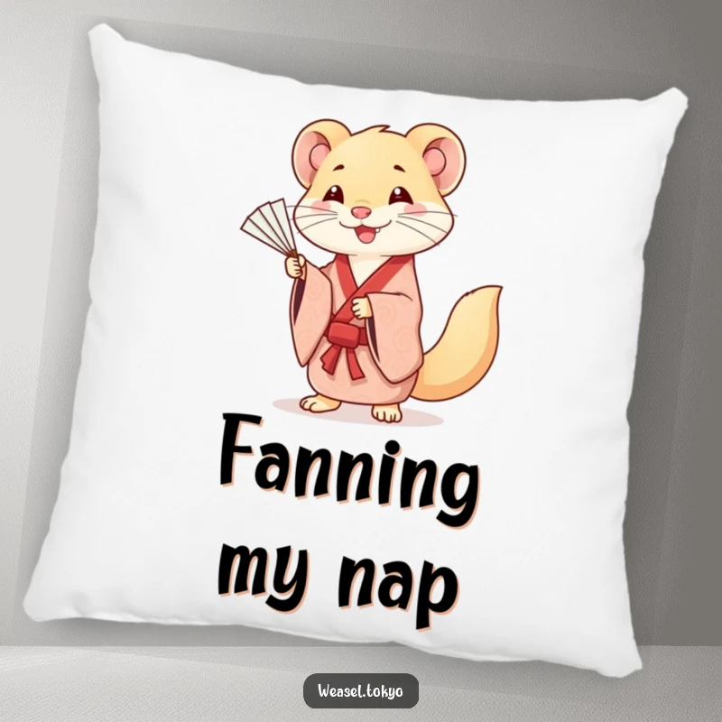 Funny pillow featuring a smiling Kawaii weasel in a patterned kimono, gracefully practicing fan movements, soft and decorative.