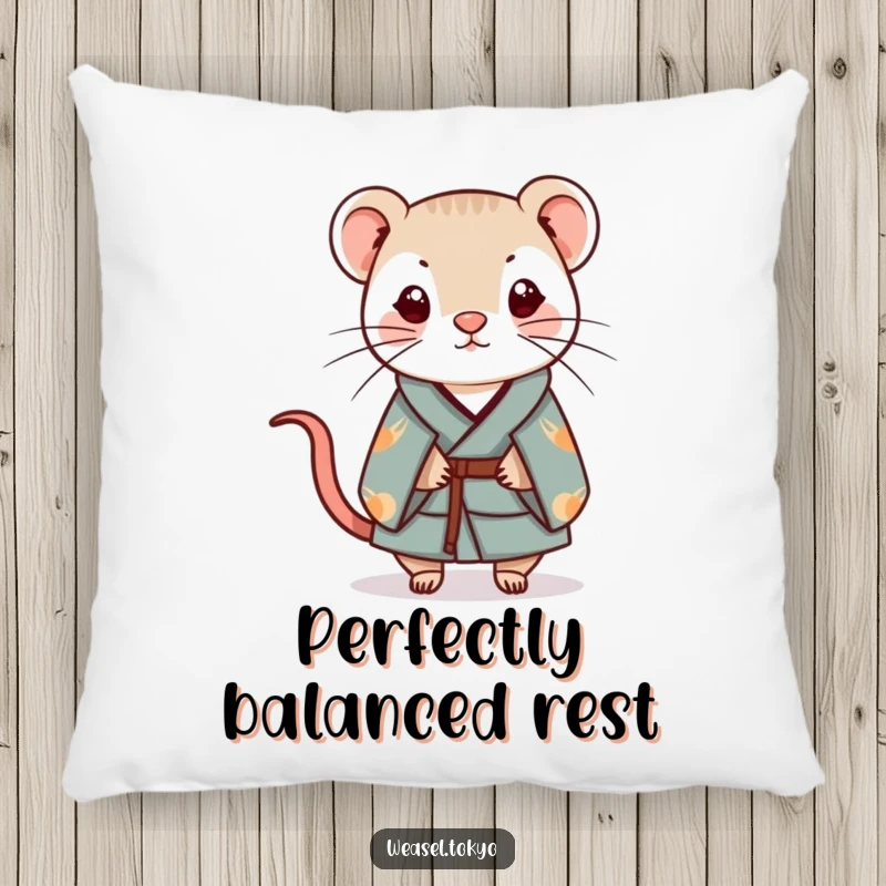 Funny Kawaii weasel character on a pillow, wearing a kimono and balancing a small charm, cute gift.