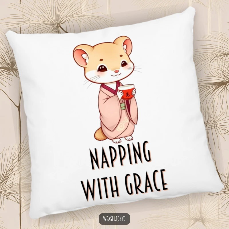 Funny weasel pillow featuring a creature in traditional kimono gracefully balancing a saké cup, offering soft comfort and elegant humor.
