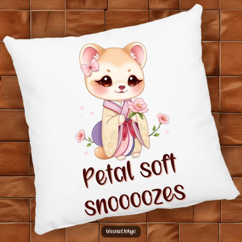 Funny weasel kimono bloom pillow featuring a cute weasel in a beautiful kimono holding a delicate flower, offering comfort.