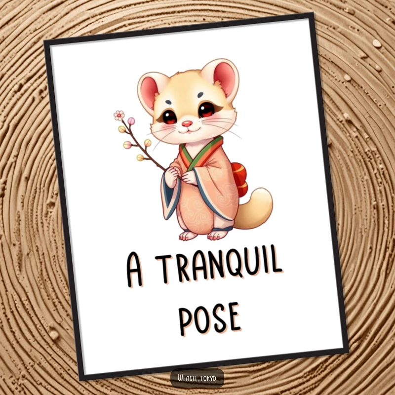 Funny Weasel Digital Art: A weasel in an ornate kimono holds a delicate branch, offering an artistic and humorous piece for your walls.