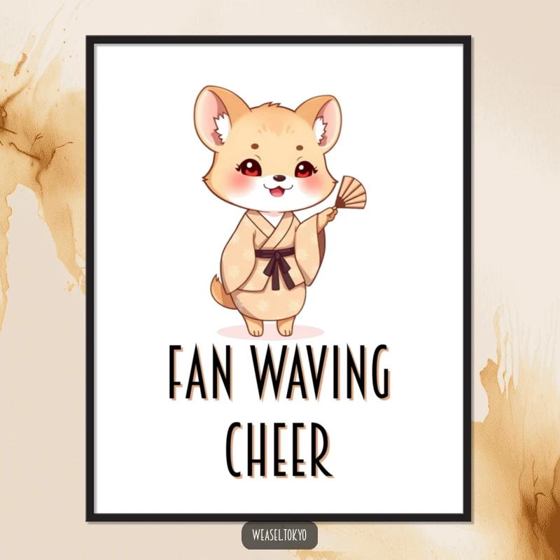 Funny weasel digital art print of a creature in a patterned kimono waving a small fan, creating a cheerful and welcoming aesthetic.