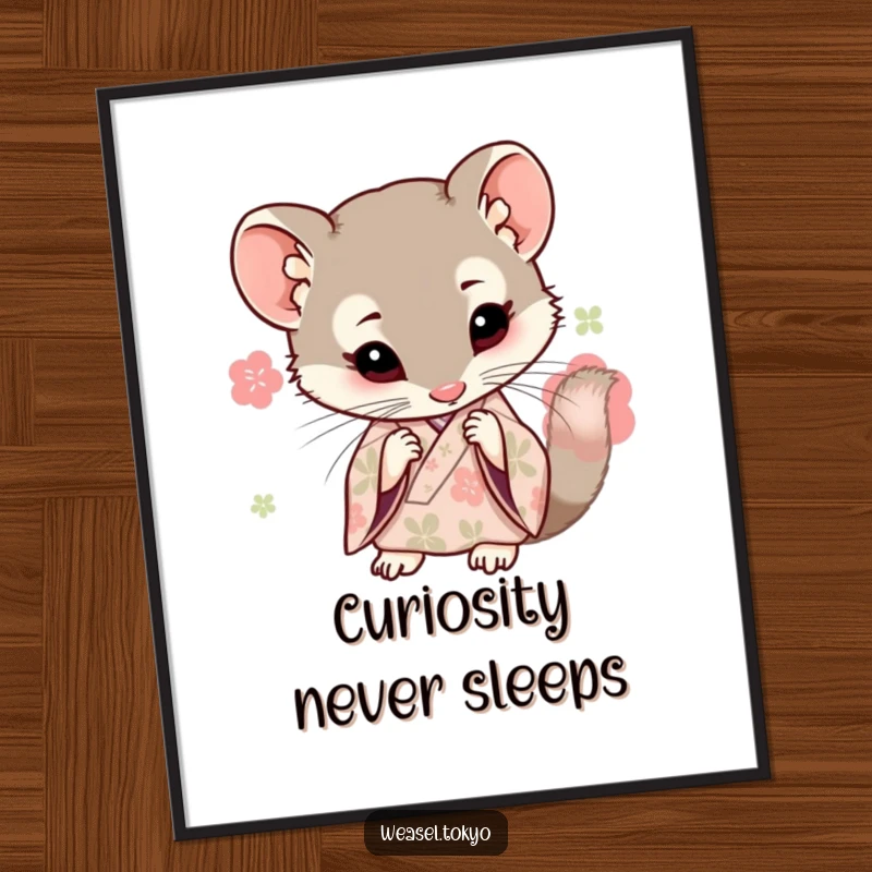 Funny Kawaii weasel in a kimono looking closely to examine something, a digital art print, great gift.