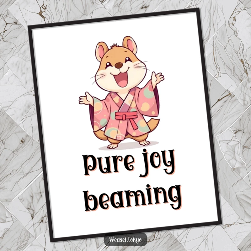 Funny Kawaii weasel in a colorful kimono joyfully gesturing, a dynamic digital art print, great gift.