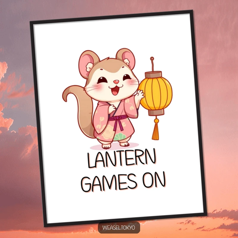 Funny Kawaii weasel in a kimono playfully pawing at a dangling lantern, a cheerful digital art print.