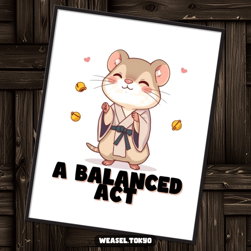 Funny Weasel Digital Art: A weasel in a kimono playfully juggles tiny bells, offering a whimsical and humorous piece of art for your walls.