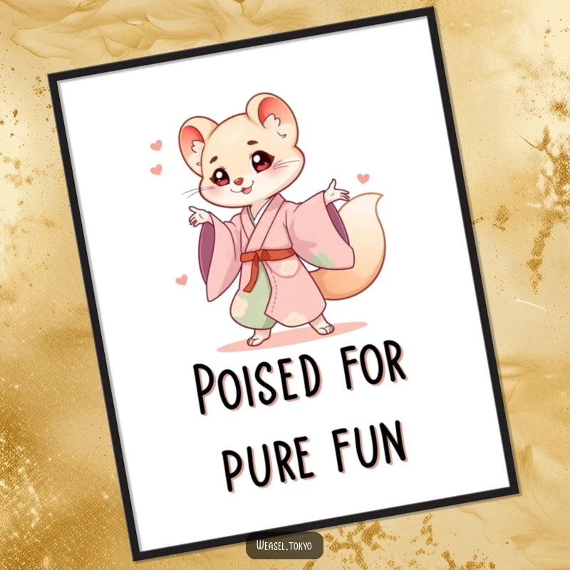Funny weasel kimono digital art print of a cute weasel in traditional attire striking a playful, energetic pose.