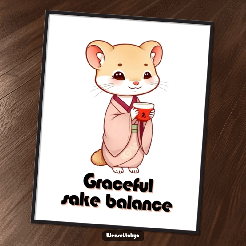 Funny weasel digital art print of a creature in traditional kimono gracefully balancing a saké cup, creating a calm and humorous aesthetic.