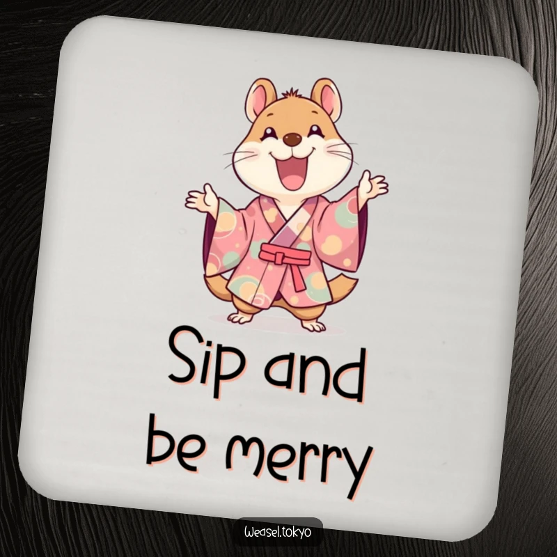 Funny Kawaii weasel illustration in a kimono making a happy gesture on a drink coaster, cute gift.