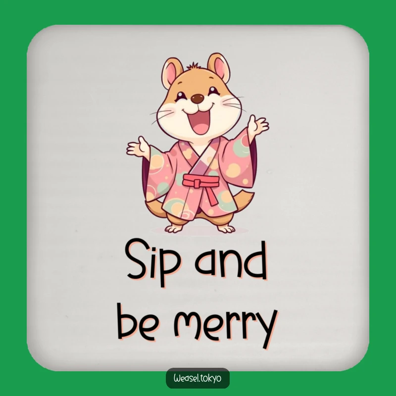 Funny Kawaii Weasel Kimono Coaster: Joyful Gestures - Protect Your Surfaces