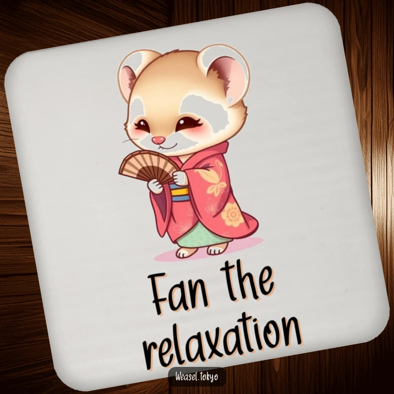 Funny Weasel Coaster depicting a curious weasel in a vibrant kimono holding a fan, adding a humorous touch to drink placement.