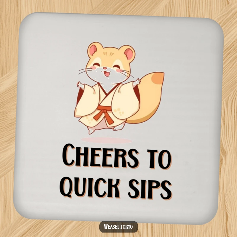 Funny Coaster: A happy weasel in a flowing kimono performs a dance flourish, adding a touch of whimsical art to protect your tables.
