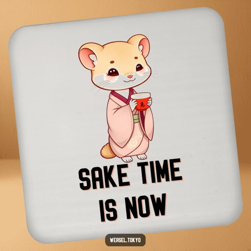 Funny weasel coaster featuring a creature in traditional kimono gracefully balancing a saké cup, offering elegant protection for surfaces.