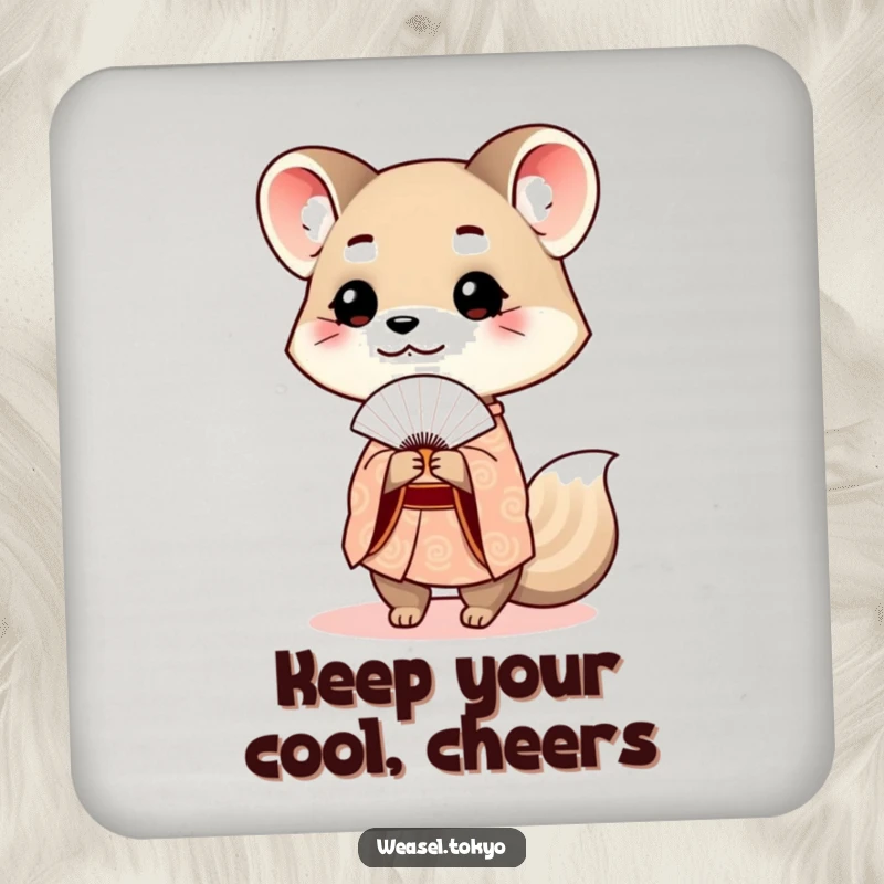 Funny weasel kimono coasters featuring a cute weasel in traditional wear politely offering a fan, protecting furniture.