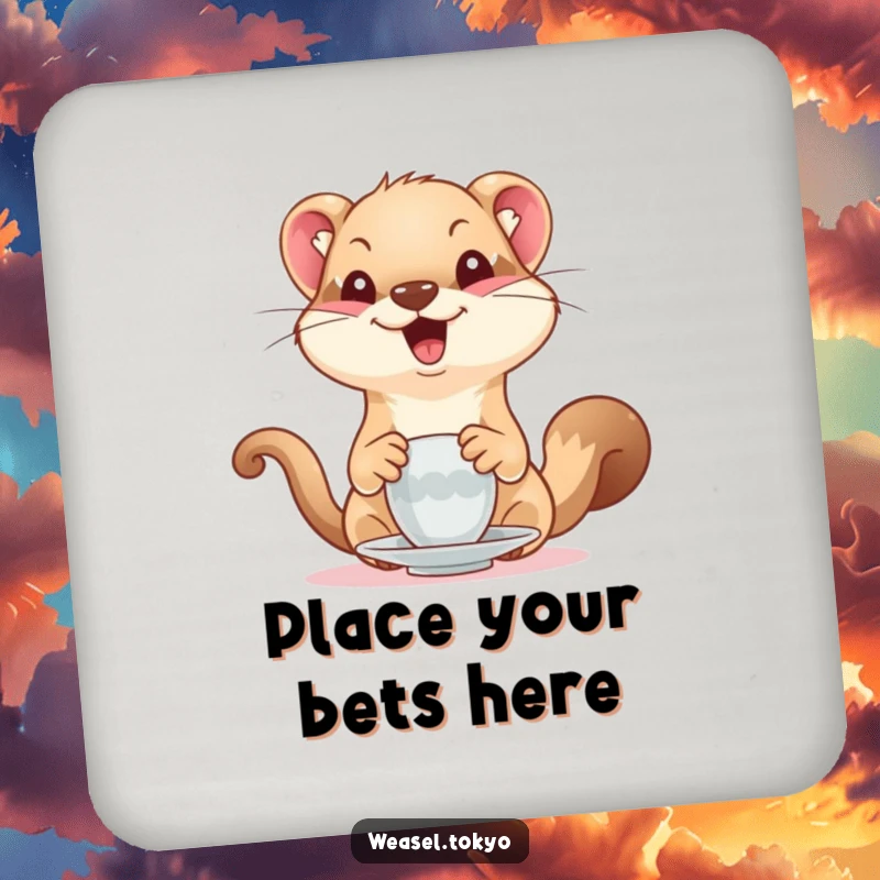 Funny Weasel Coasters: A delighted weasel hilariously serves tea, protecting surfaces with a touch of animated humor.